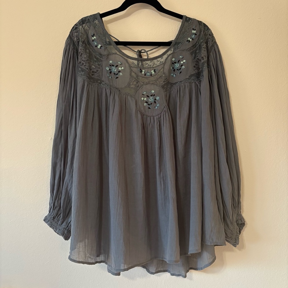 Free People Blue Long Sleeve Blouse with Lace and Embroidery